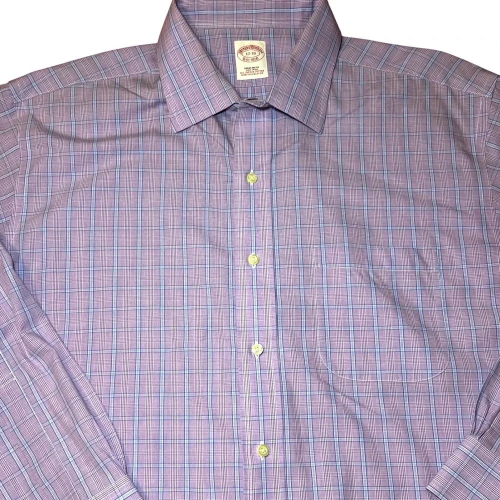 Brooks Brothers Mens 17-33 Regular Fit Non-Iron Supima Cotton Plaid Dress Shirt